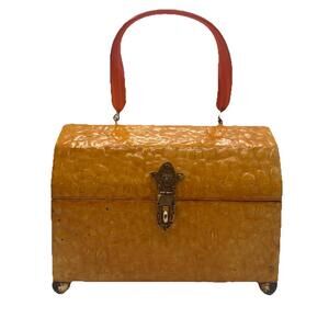 Vintage Floral Crackle Decoupage 1960s Textured Wood Purse Lucite Handle